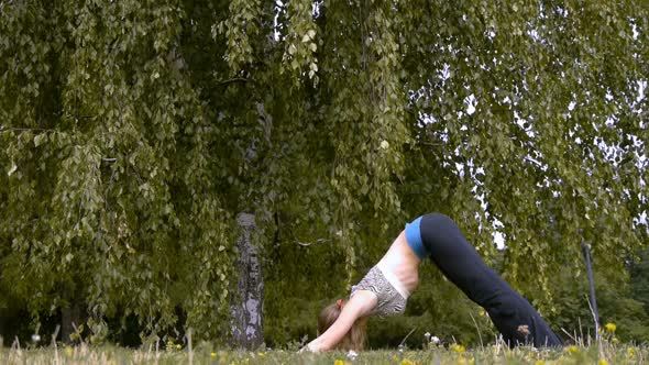 Woman Practice Yoga In The Garden.