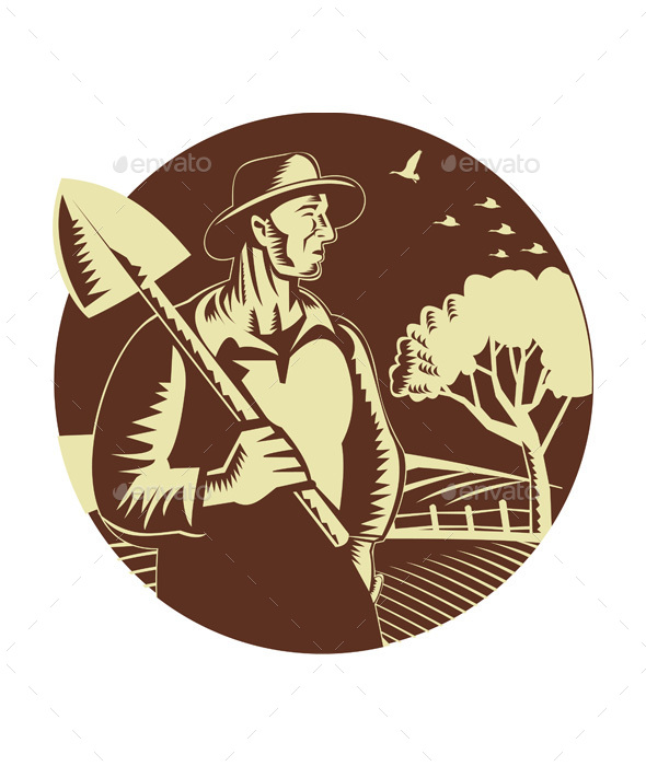 Organic Farmer Holding Shovel Farm Circle Woodcut - People Characters
