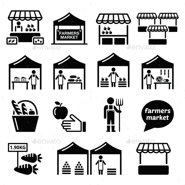 Farmers Market, Food Market with Fresh Local Produce Icons Set - Food Objects
