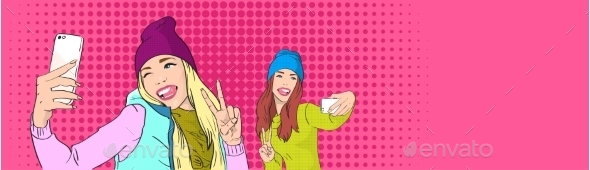 Two Girls Taking Selfie with Smart Phones - People Characters