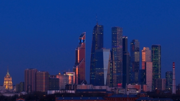 Night View Of Moscow Skyscrapers. 