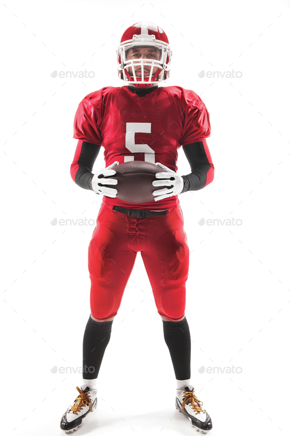 American football player posing with ball on white background Stock Photo  by master1305