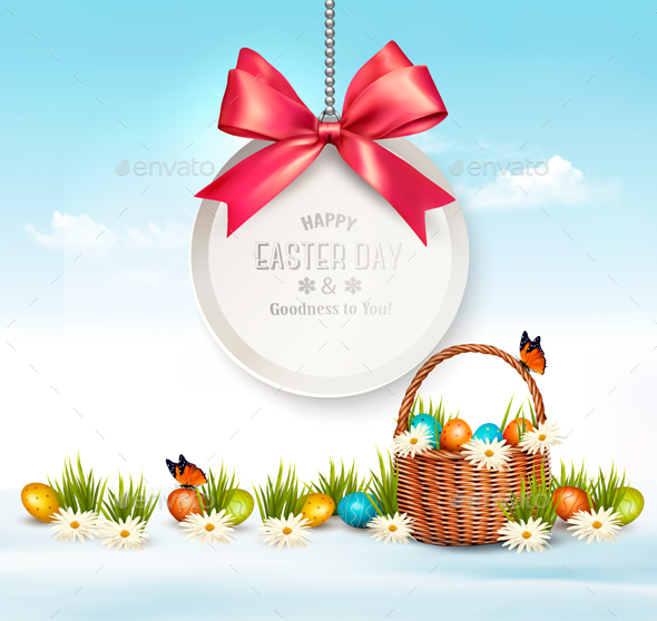 Holiday Easter Background with Eggs in a Basket - Miscellaneous Seasons/Holidays