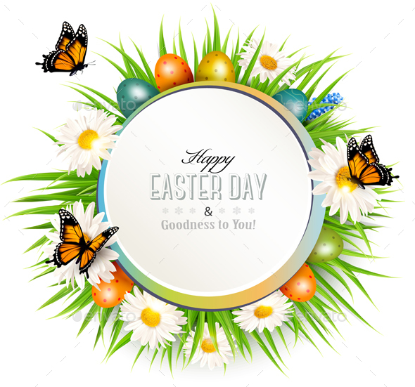 Happy Easter Background with Grass and Colorful Eggs - Miscellaneous Seasons/Holidays