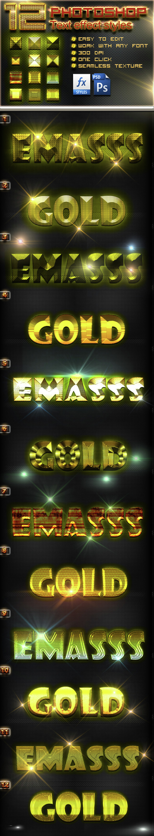 12 Photoshop Gold Text Effect Styles Vol 14 - Text Effects Styles