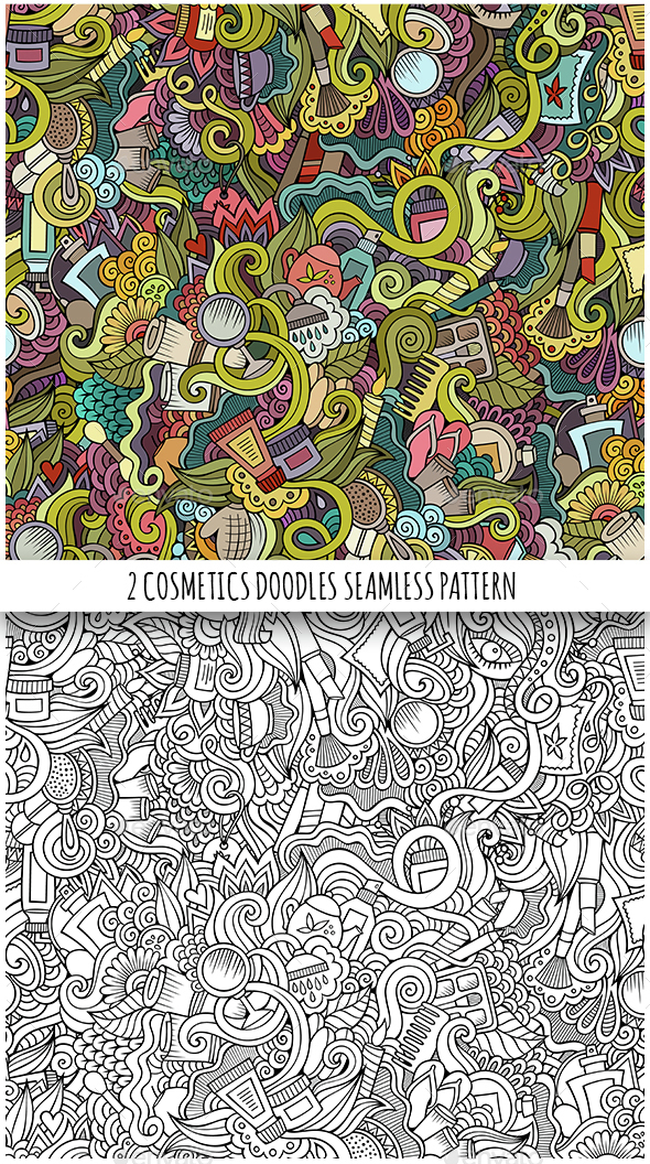 Beauty and Cosmetics Doodles Seamless Patterns - Health/Medicine Conceptual