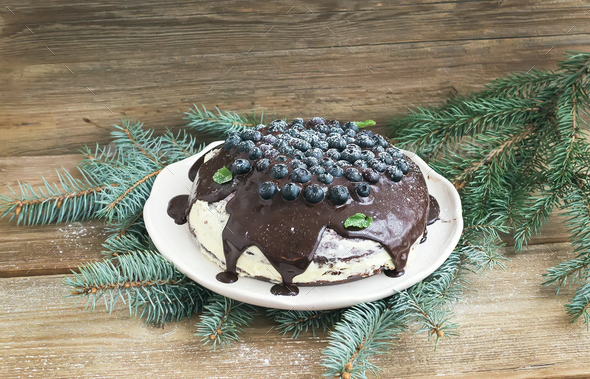 Christmas chocolate cake with chocolate ganache, cream-cheese fi - Stock Photo - Images