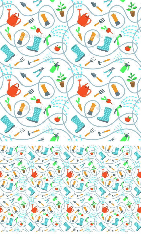 Gardening Tools and Fruits Flat Seamless Pattern - Patterns Decorative