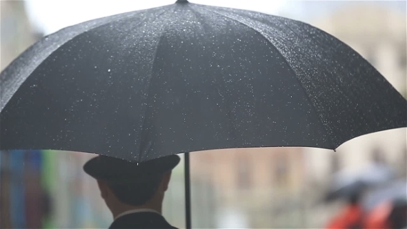 Stylish Man In Hat Walks With Umbrella On Rainy Street. Back View