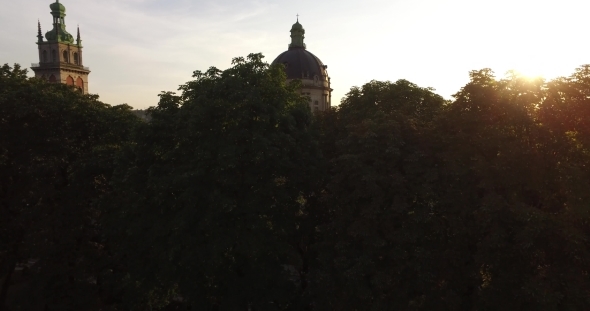 Aerial Old City Lviv, Ukraine. European City. Densely Populated Areas Of The City. Sunny. alt