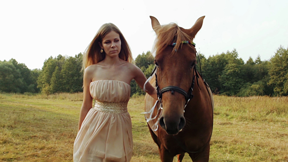 Girl With a Brown Horse In a Meadow