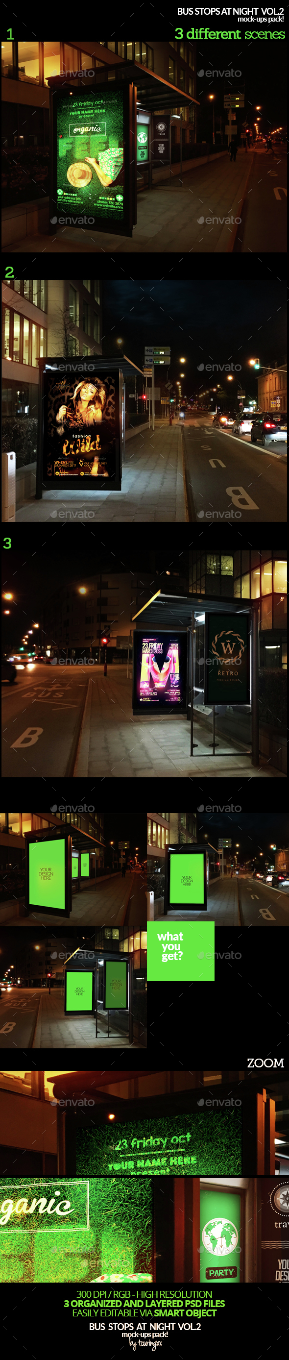 Bus Stops At Night Vol.2 Mock-Ups Pack - Product Mock-Ups Graphics