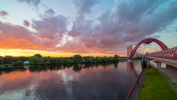 Cable-Stayed Bridge In Summer Sunset Timelapse