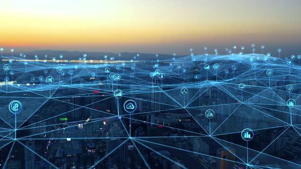 smart Connected city skyline. Futuristic network concept, city Technology. alt