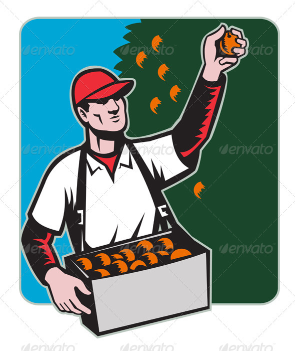 Fruit Picker With Basket Retro Woodcut - People Characters