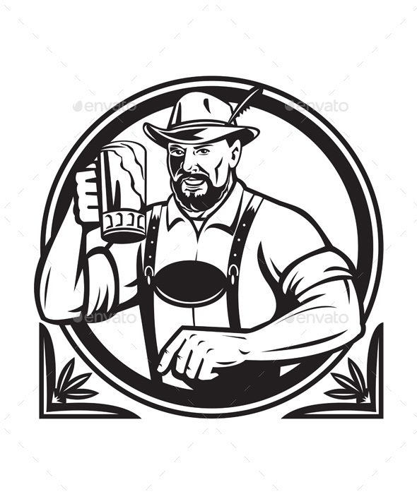 German Beer Drinker Oktoberfest Black and White Retro - People Characters