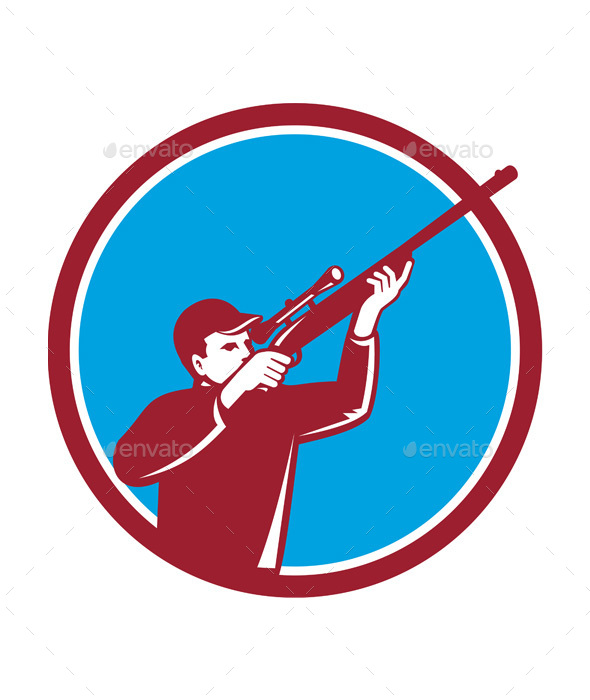 Hunter Shooting Up Rifle Circle Retro - Sports/Activity Conceptual