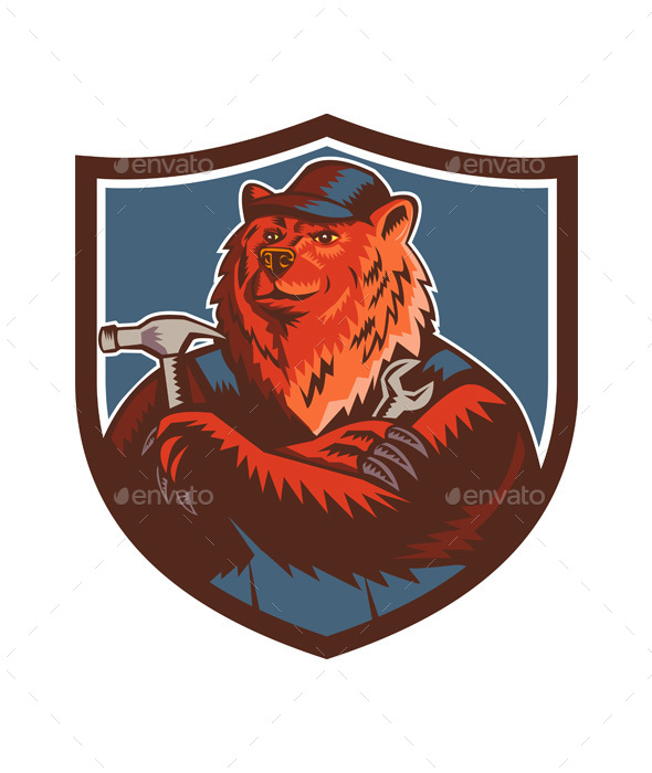 Russian Bear Builder Handyman Crest Woodcut - Animals Characters