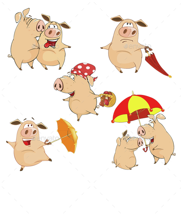 Cartoon Illustration of Happy Pigs for your Design - Animals Characters