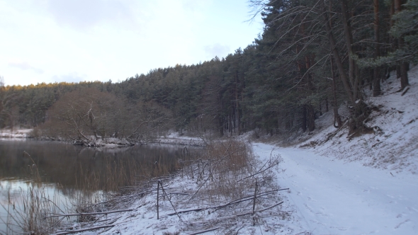 Winter Landscape With River And Forest.