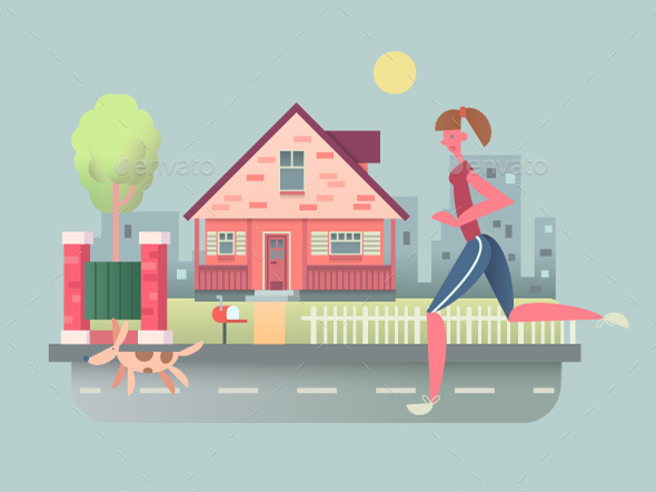 Woman Run With Dog On Street - People Characters
