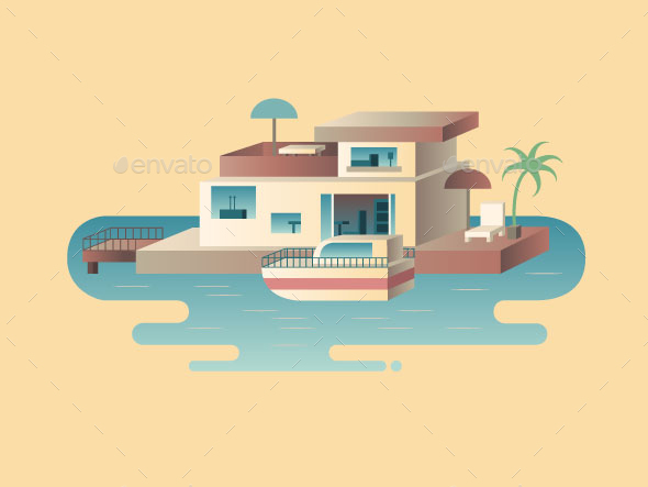 House On Water With Yacht - Buildings Objects