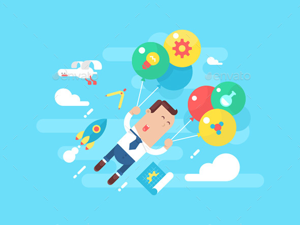 Business Man Fly With Balloons. Concept Startup - People Characters