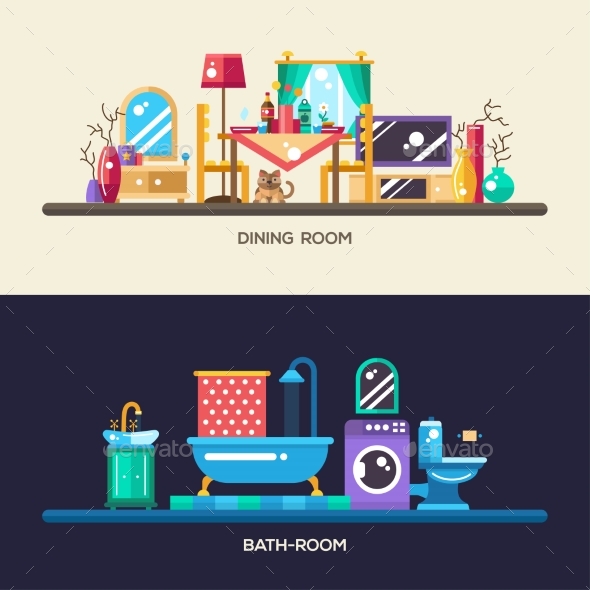 Flat Design Home Interior Banners, Headers Set - Man-made Objects Objects