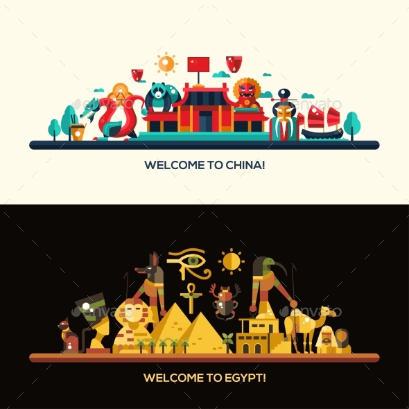 Flat Design Egypt, China Travel Banners Set - Travel Conceptual