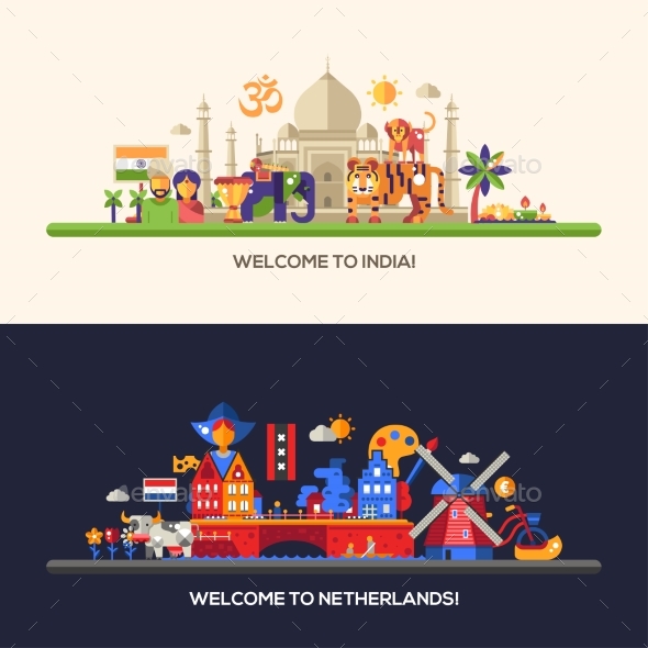 Flat Design Holland, India Travel Banners Set - Travel Conceptual