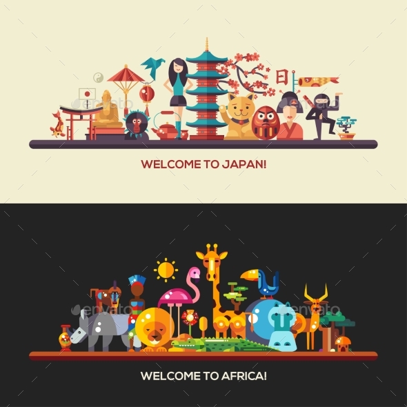 Flat Design Africa, Japan Travel Banners Set - Travel Conceptual