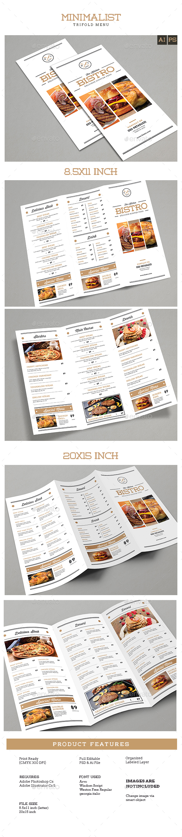 Trifold Brochure Minimalis Menu - Food Menus Print Templates