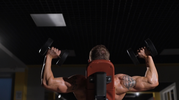 Portrait Of a Fitness Man Doing Exercises With Dumbbells At Gym alt