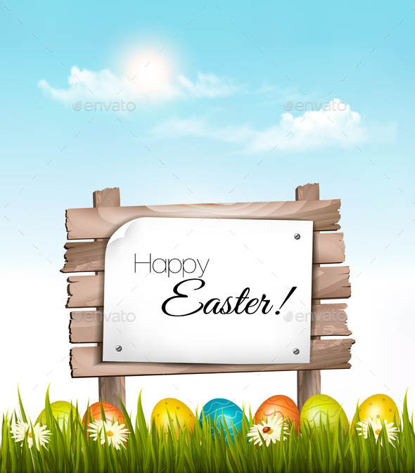 Happy Easter Background Easter Eggs and Wooden Sign - Miscellaneous Seasons/Holidays