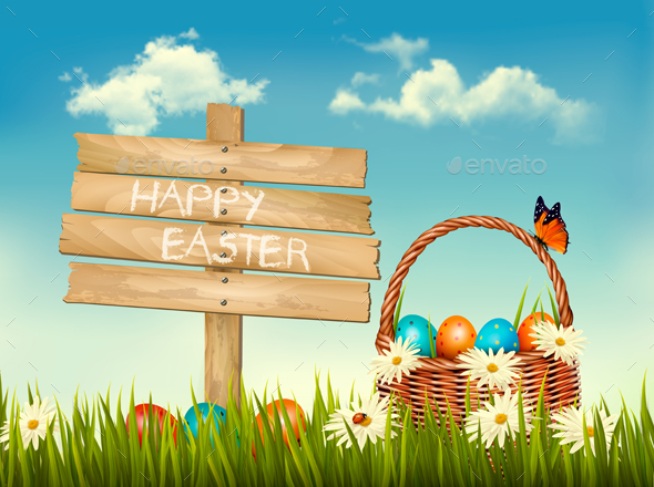 Happy Easter Background Easter Eggs and Wooden Sign - Miscellaneous Seasons/Holidays
