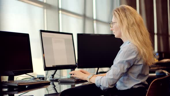 Woman Software Developer Coding On Computer PC And Remote Chatting Webinar. Design Internet Online. alt