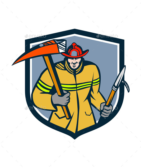 Fireman Firefighter Fire Axe Hook Crest Retro - People Characters