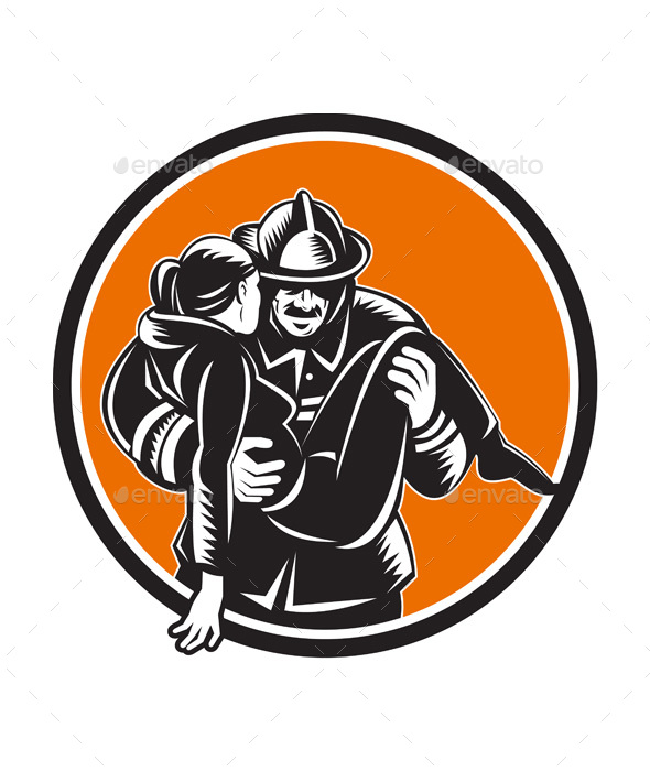 Fireman Firefighter Saving Girl Circle Woodcut - People Characters