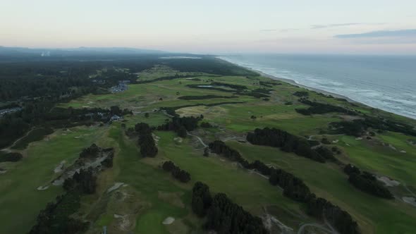 Luxury Bandon Dunes Golf Course on Oregon Coast at Sunset - Aerial alt