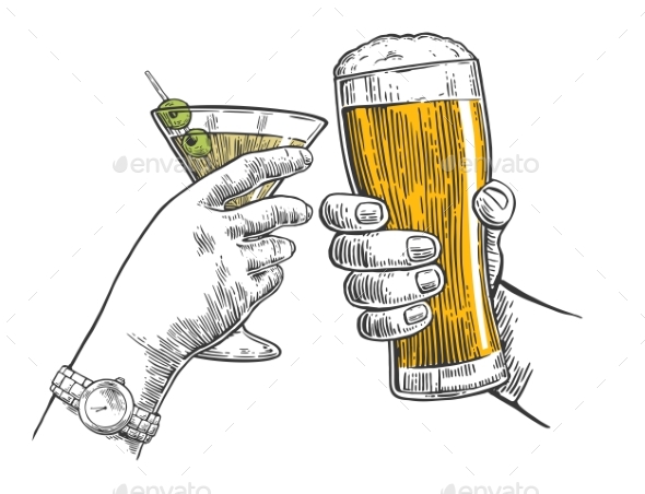 Two Hands Clink a Glass of Beer and a Martini - People Characters