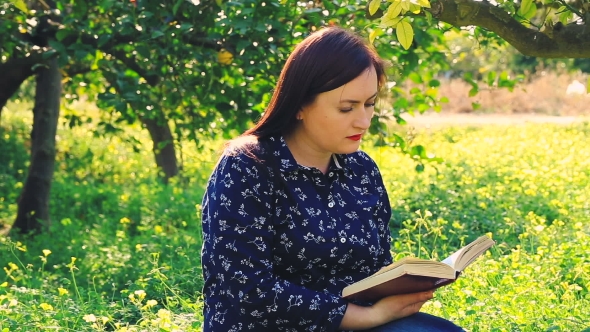 Attractive Woman Reading Book  In Park.