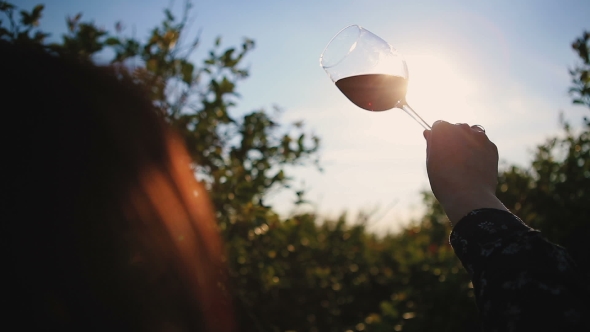 Woman Twists a Glass Of Wine On The Background Of The Sun.