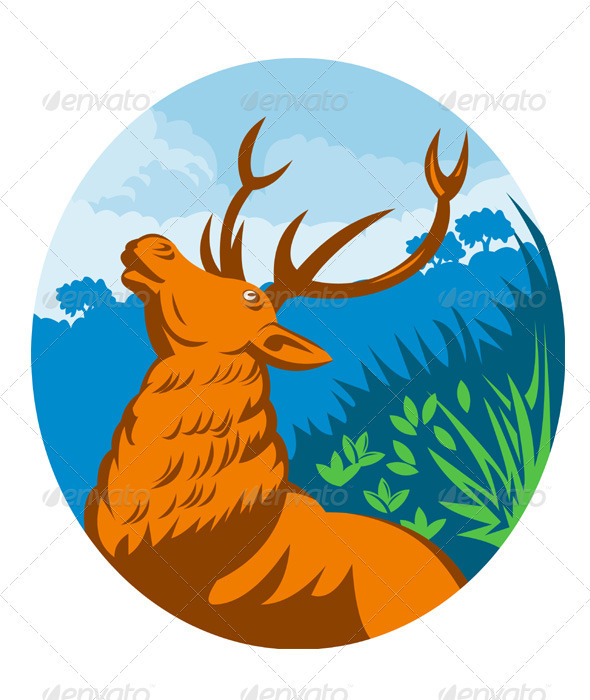 Deer Stag Buck Retro Woodcut Style