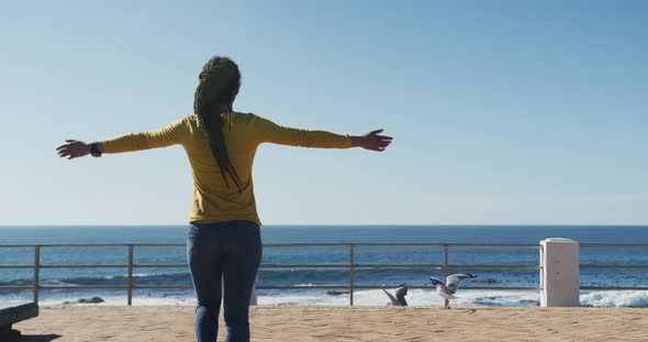 African american woman walking with arms outstretched on promenade by the sea alt
