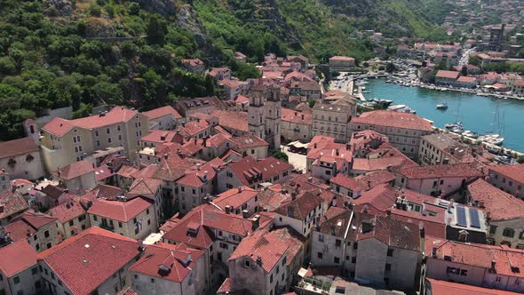 Kotor Old Town Montenegro Drone Aerial View Ancient Fort and Cruise Ship Port alt
