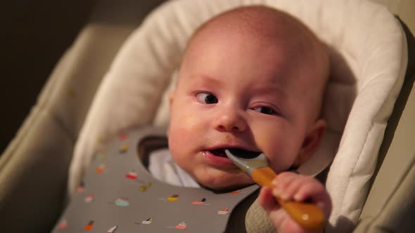 Baby Boy Sitting on Feeding Chair Gnawing Rubber Spoon