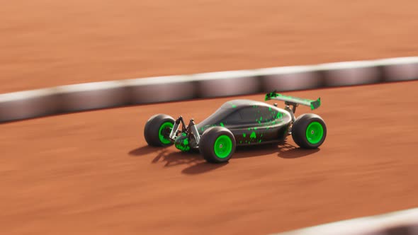 RC Car race on the sandy track. Loopable animation of a miniature model of buggy alt