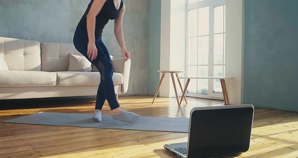 Young Woman Does Low Plank on Mat at Online Training