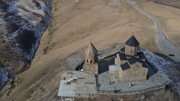 Gergeti Trinity Church in Stepantsminda with Majestic Mountain Kazbegi at Background Georgia