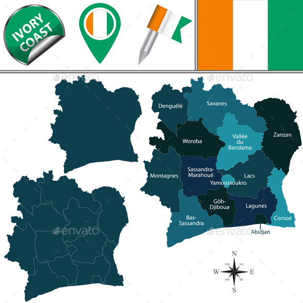 Map of Ivory Coast with Named Districts - Travel Conceptual